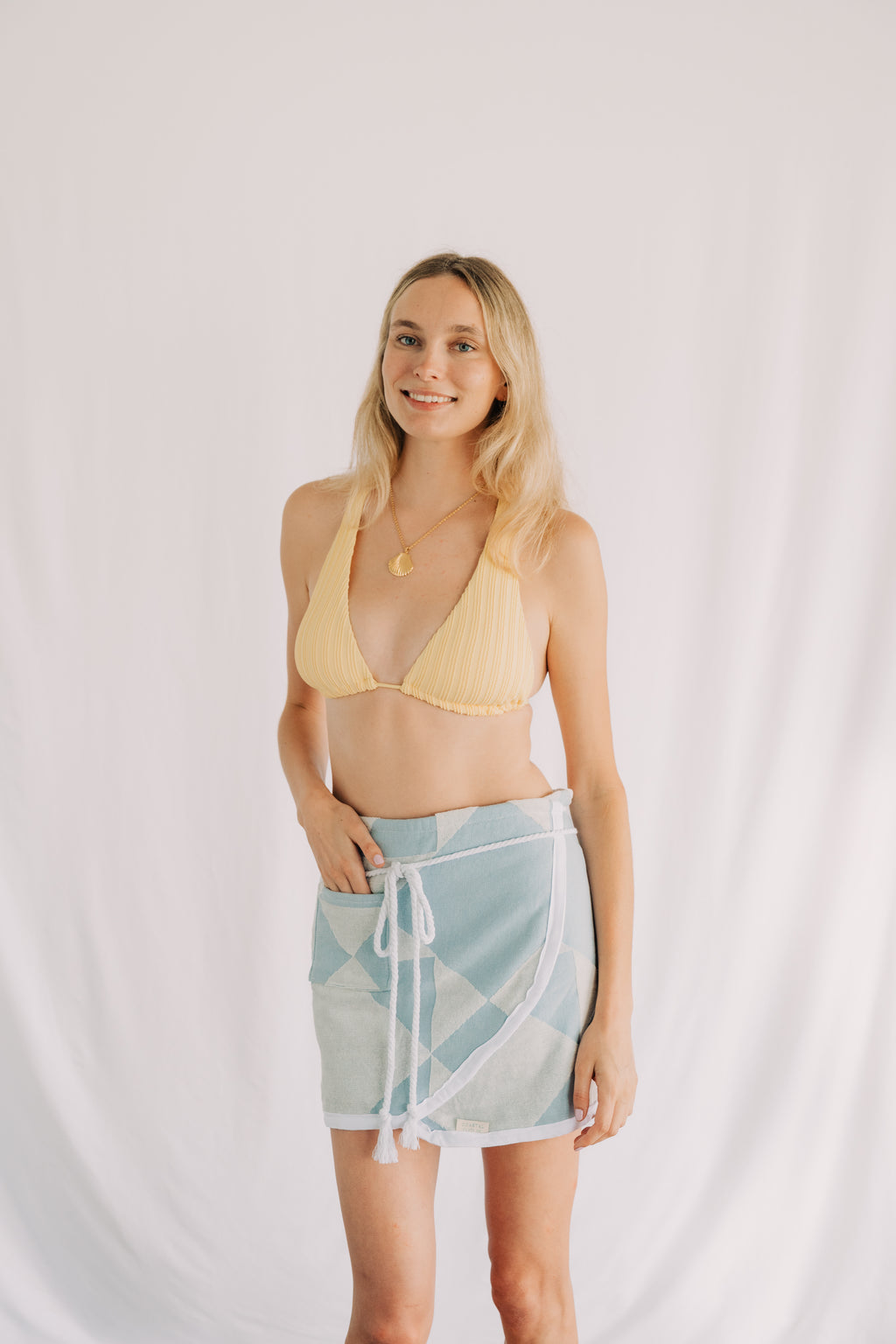 Geometric Sea Glass towel wrap skirt with an easy tie design, sizes S/M and M/L
