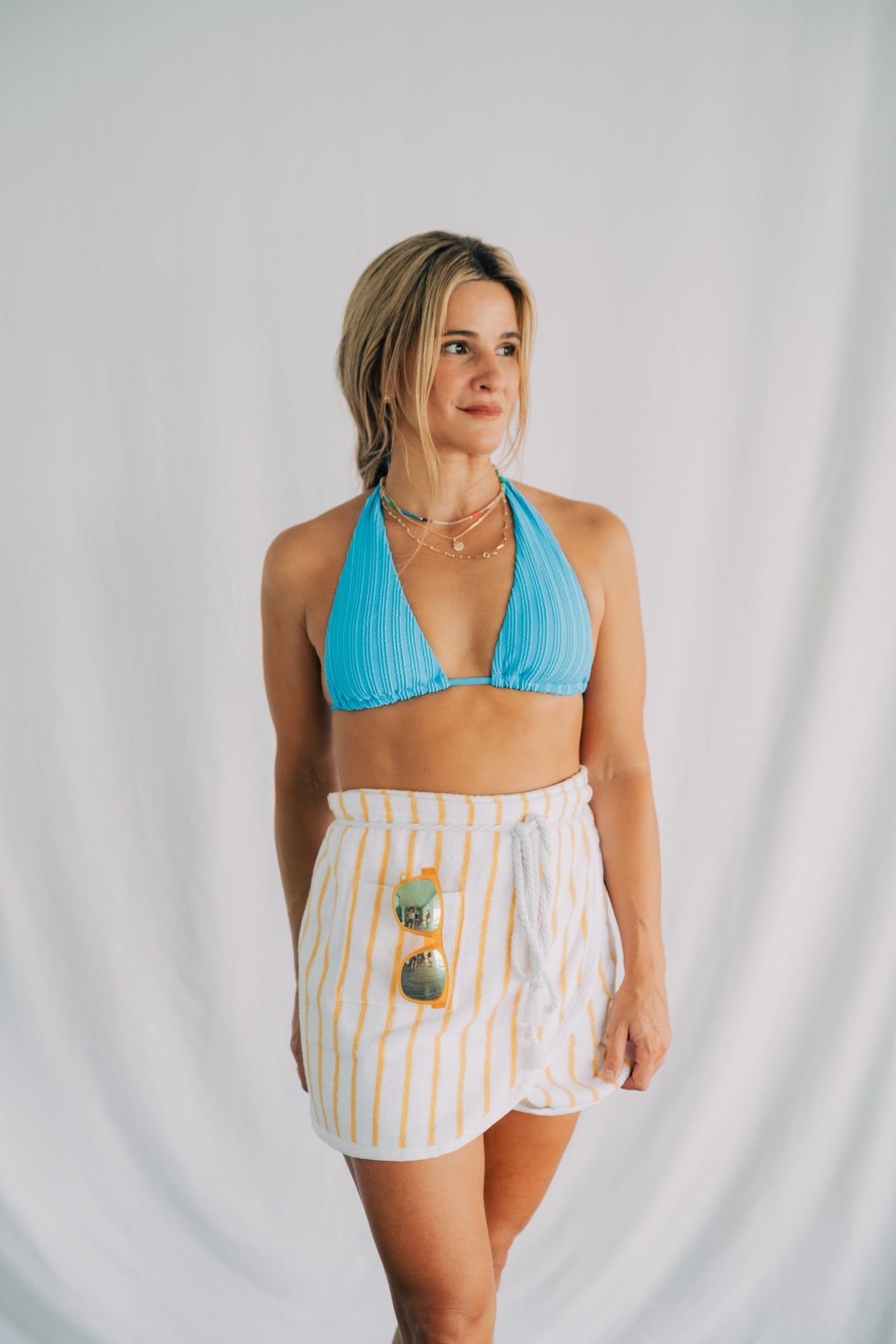 The Sullivan in Sunset Stripe, an absorbent terry cloth towel wrap skirt