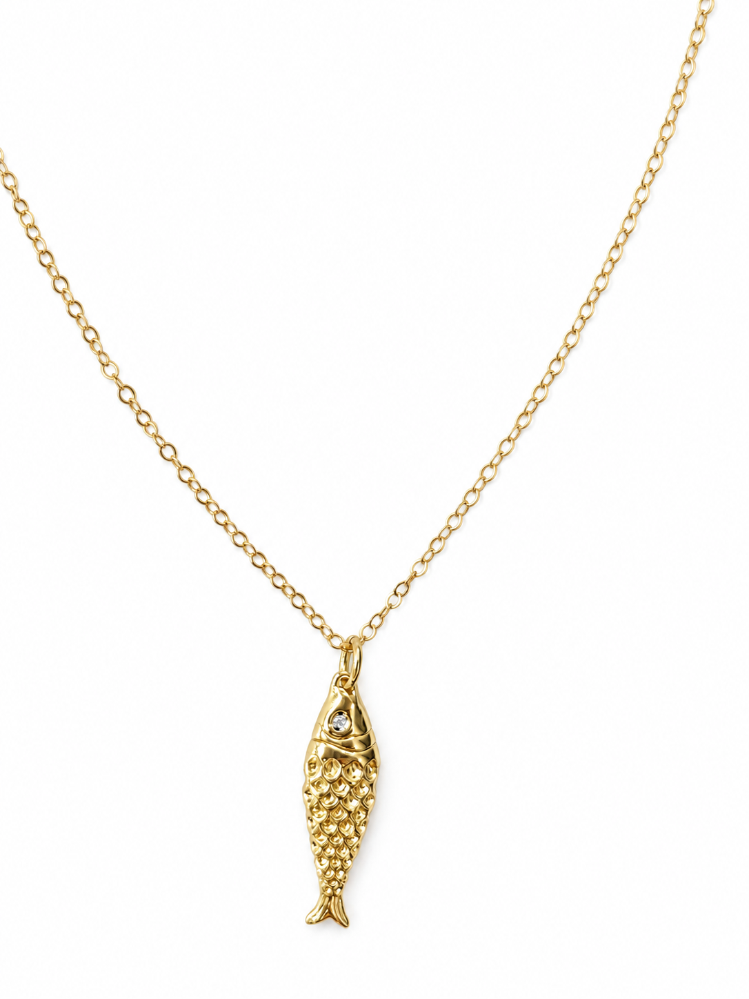 Close-up of the gold-filled fish pendant