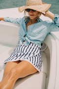 Navy Stripe towel wrap skirt on a boat