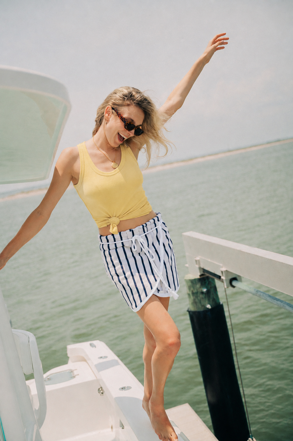 Navy Stripe towel wrap skirt for a day on the boat