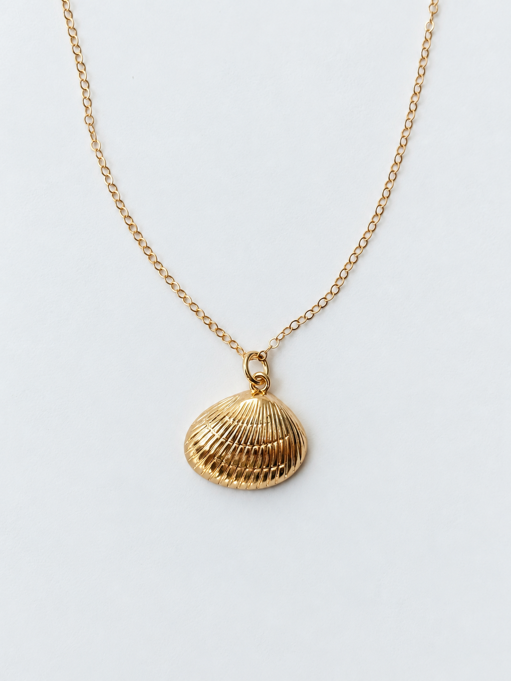 Close-up of the gold-filled clam shell pendant