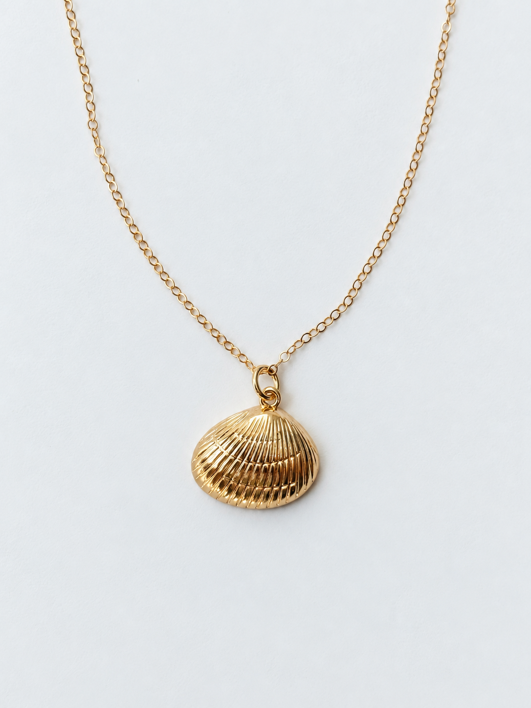 Close-up of the gold-filled clam shell pendant